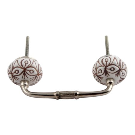 White Base Brown Etched Ceramic Floral Bridge Handle